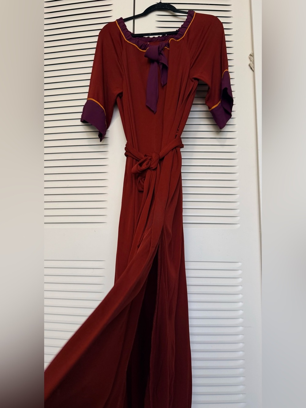 Zara limited edition Women's Rust Red Belted Maxi Dress with Purple Trim